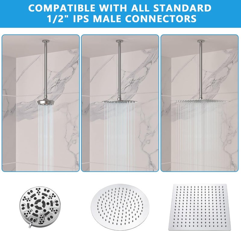 Lordear Chrome Ceiling Mount Shower Arm and Flange, 12' Extension Arm for Rainfall Showerhead, Round Pipe - Image 3